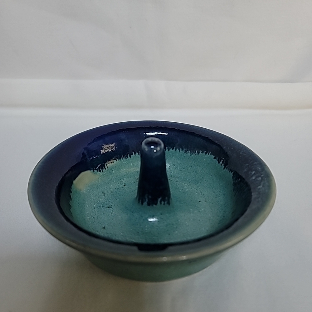 Hand Thrown Pottery Ring Holder Blue Green Drip Signed